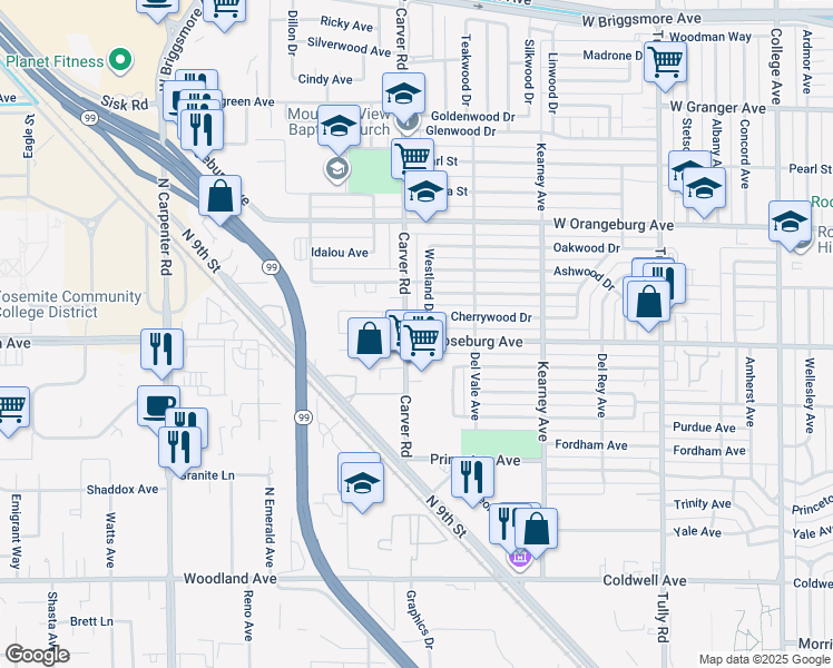 map of restaurants, bars, coffee shops, grocery stores, and more near 1639 West Roseburg Avenue in Modesto