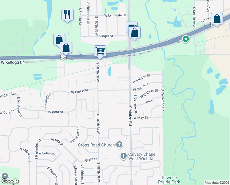 map of restaurants, bars, coffee shops, grocery stores, and more near 10529 West Carr Avenue in Wichita