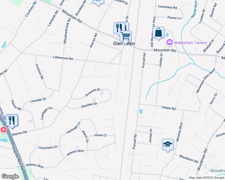 map of restaurants, bars, coffee shops, grocery stores, and more near 10204 Acworth Drive in Glen Allen