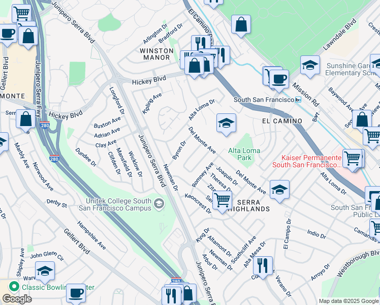 map of restaurants, bars, coffee shops, grocery stores, and more near 201 El Rancho Drive in South San Francisco