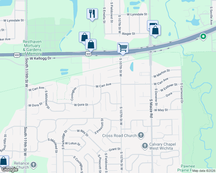 map of restaurants, bars, coffee shops, grocery stores, and more near 10909 West Carr Avenue in Wichita