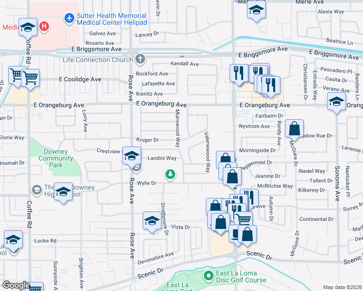 map of restaurants, bars, coffee shops, grocery stores, and more near 1216 Shady Grove Lane in Modesto