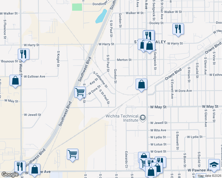 map of restaurants, bars, coffee shops, grocery stores, and more near 1850-1922 South Gordon Street in Wichita