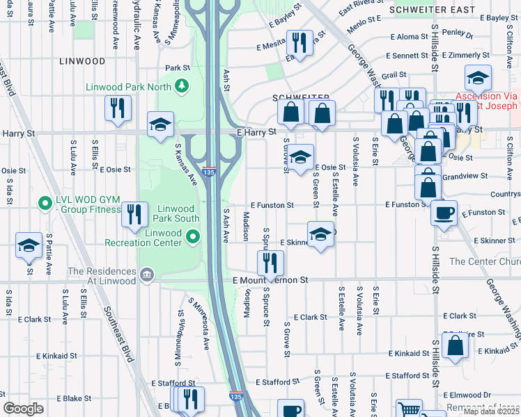 map of restaurants, bars, coffee shops, grocery stores, and more near 1811 South Spruce Street in Wichita