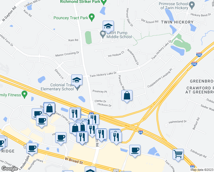 map of restaurants, bars, coffee shops, grocery stores, and more near 4826 Chislehurst Drive in Glen Allen
