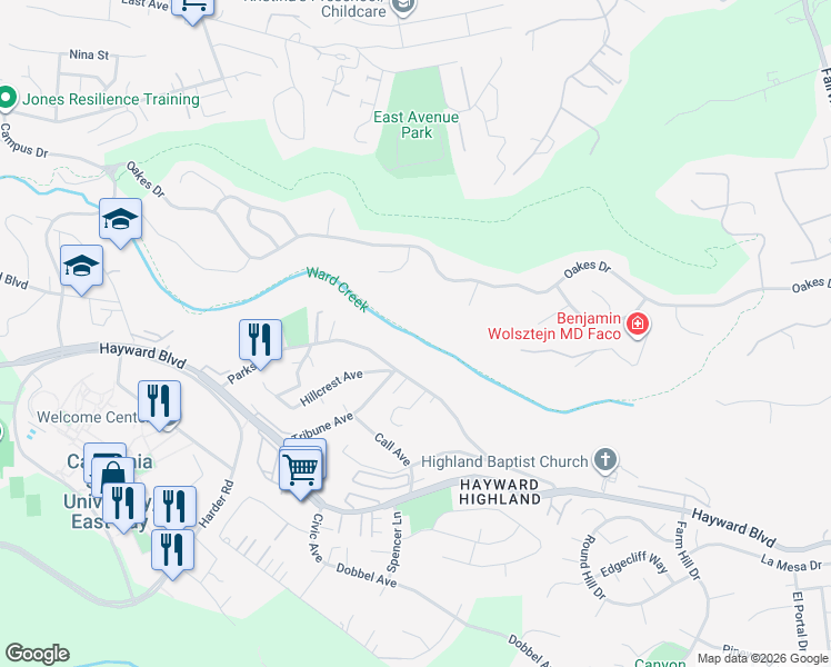 map of restaurants, bars, coffee shops, grocery stores, and more near Greenbelt Hiking Riding Trail in Hayward