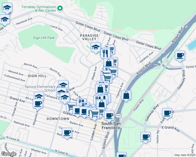 map of restaurants, bars, coffee shops, grocery stores, and more near 344 Aspen Avenue in South San Francisco