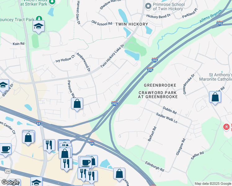 map of restaurants, bars, coffee shops, grocery stores, and more near 11404 Country Oaks Court in Glen Allen