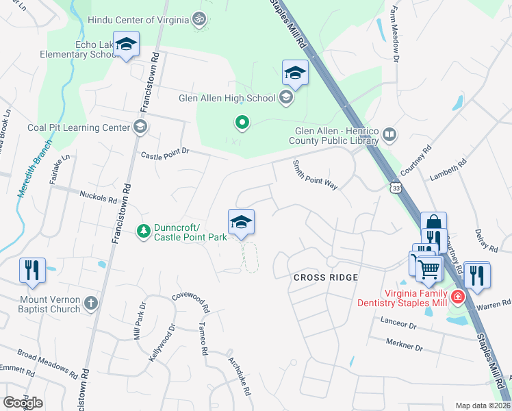 map of restaurants, bars, coffee shops, grocery stores, and more near 3726 Hoskins Drive in Glen Allen