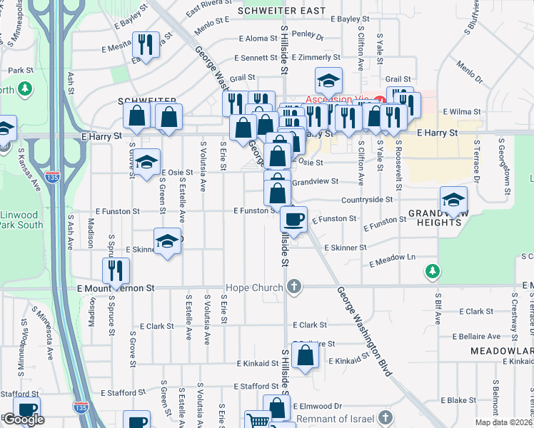 map of restaurants, bars, coffee shops, grocery stores, and more near 3011 East Funston Street in Wichita