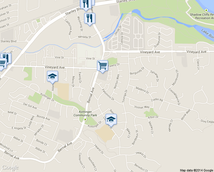 map of restaurants, bars, coffee shops, grocery stores, and more near 663 Concord Place in Pleasanton