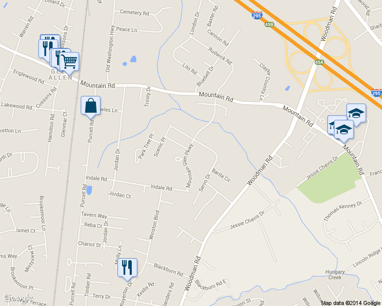 map of restaurants, bars, coffee shops, grocery stores, and more near 10453 Mountain Glen Parkway in Glen Allen