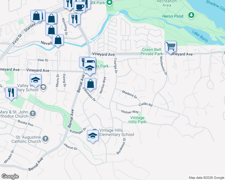 map of restaurants, bars, coffee shops, grocery stores, and more near 3421 Touriga Drive in Pleasanton