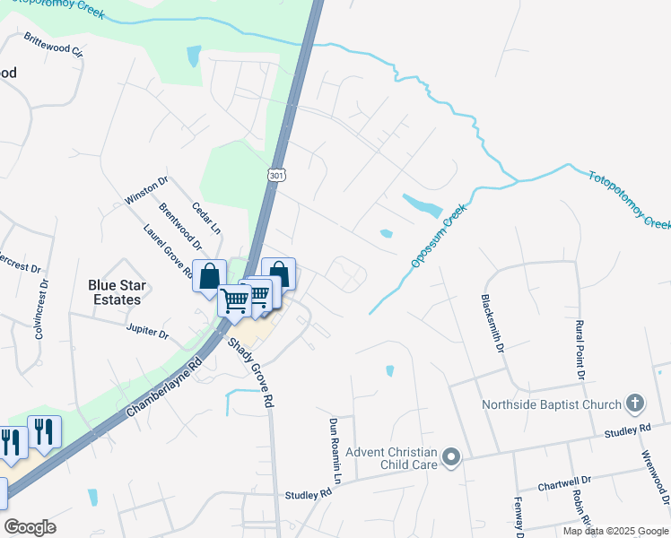 map of restaurants, bars, coffee shops, grocery stores, and more near 8229 Marley Drive in Mechanicsville