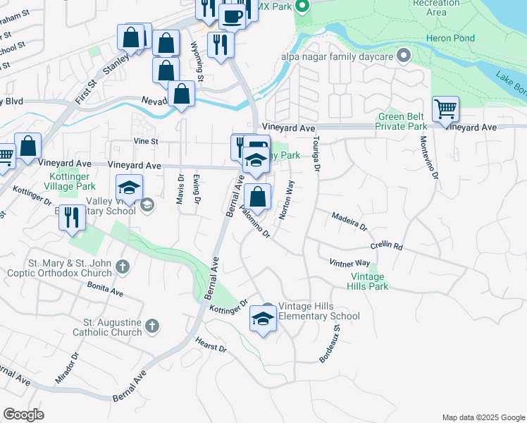 map of restaurants, bars, coffee shops, grocery stores, and more near 663 Concord Place in Pleasanton