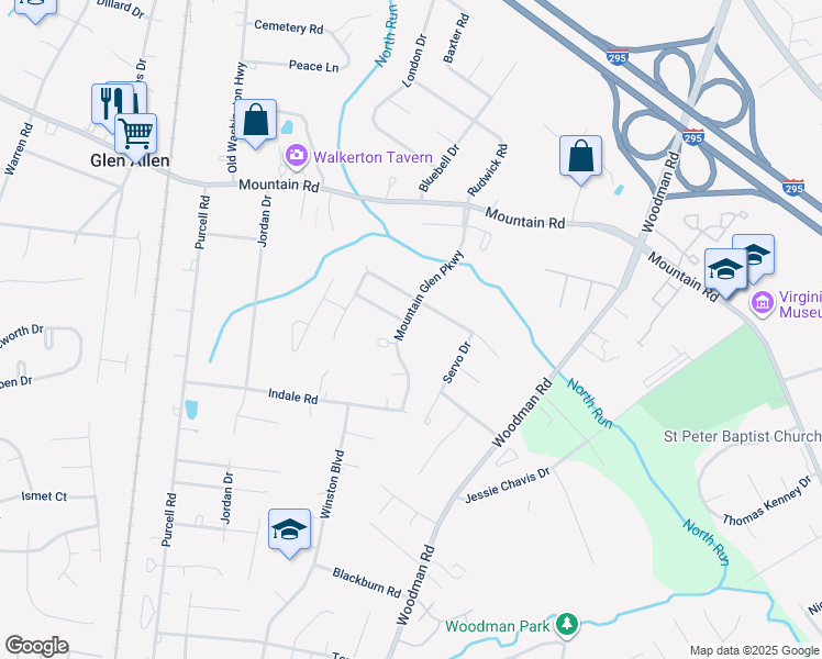 map of restaurants, bars, coffee shops, grocery stores, and more near 10453 Mountain Glen Parkway in Glen Allen