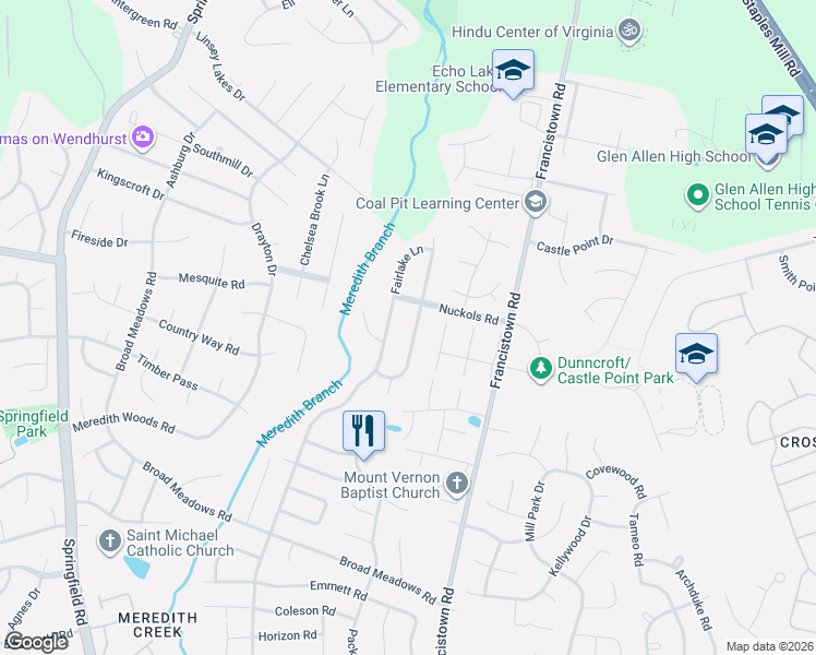 map of restaurants, bars, coffee shops, grocery stores, and more near 5124 Reids Pointe Road in Glen Allen