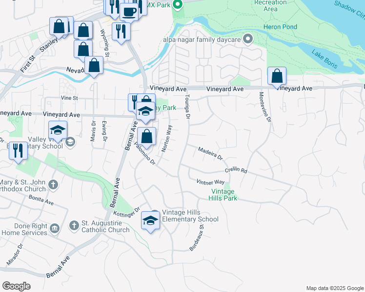 map of restaurants, bars, coffee shops, grocery stores, and more near 3421 Touriga Drive in Pleasanton
