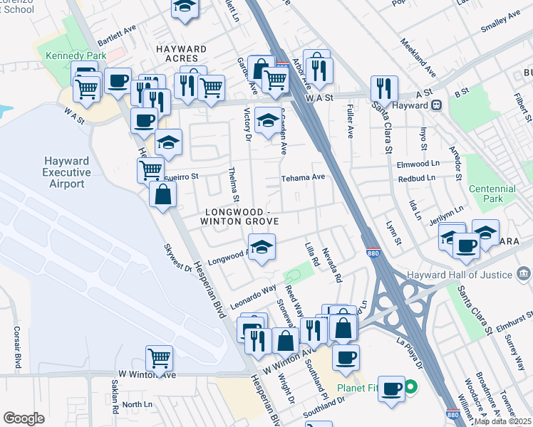 map of restaurants, bars, coffee shops, grocery stores, and more near Marin Avenue in Hayward