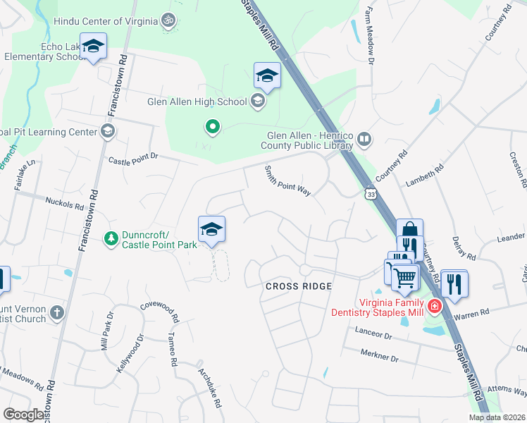 map of restaurants, bars, coffee shops, grocery stores, and more near 3613 Corrotoman Road in Glen Allen