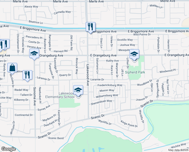 map of restaurants, bars, coffee shops, grocery stores, and more near 1200 Lakewood Avenue in Modesto