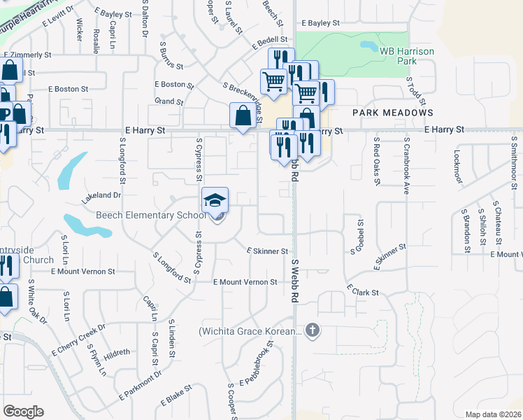 map of restaurants, bars, coffee shops, grocery stores, and more near 9402 East Longlake Street in Wichita