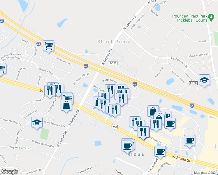 map of restaurants, bars, coffee shops, grocery stores, and more near Breezy Bay Circle in Henrico