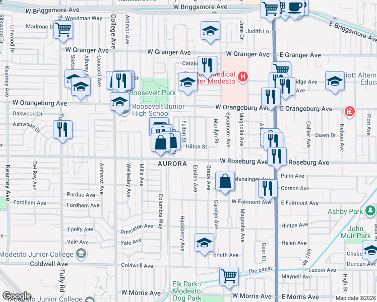 map of restaurants, bars, coffee shops, grocery stores, and more near in Modesto