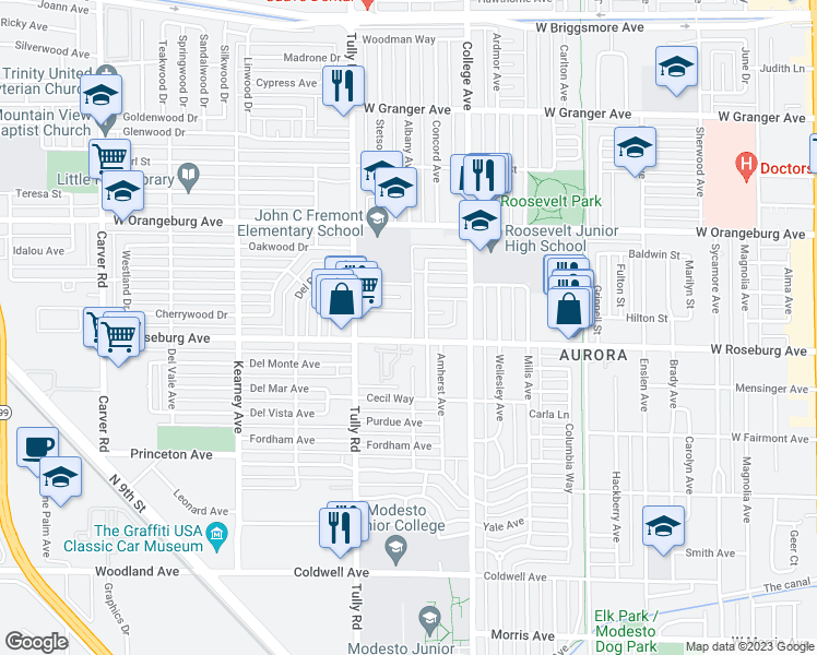 map of restaurants, bars, coffee shops, grocery stores, and more near 1201 Como Park Way in Modesto