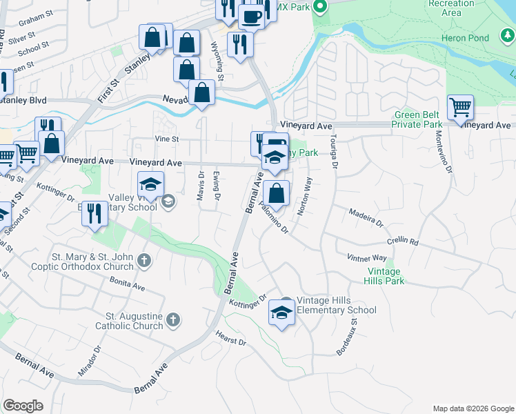 map of restaurants, bars, coffee shops, grocery stores, and more near 717 Concord Street in Pleasanton