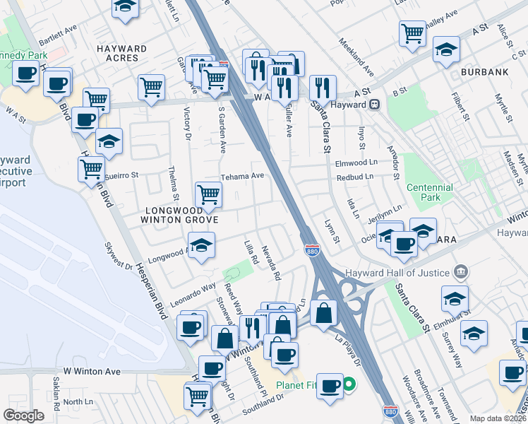map of restaurants, bars, coffee shops, grocery stores, and more near 607 Longwood Avenue in Hayward