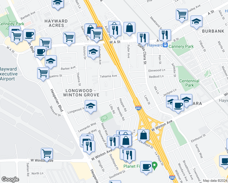 map of restaurants, bars, coffee shops, grocery stores, and more near 607 Longwood Avenue in Hayward