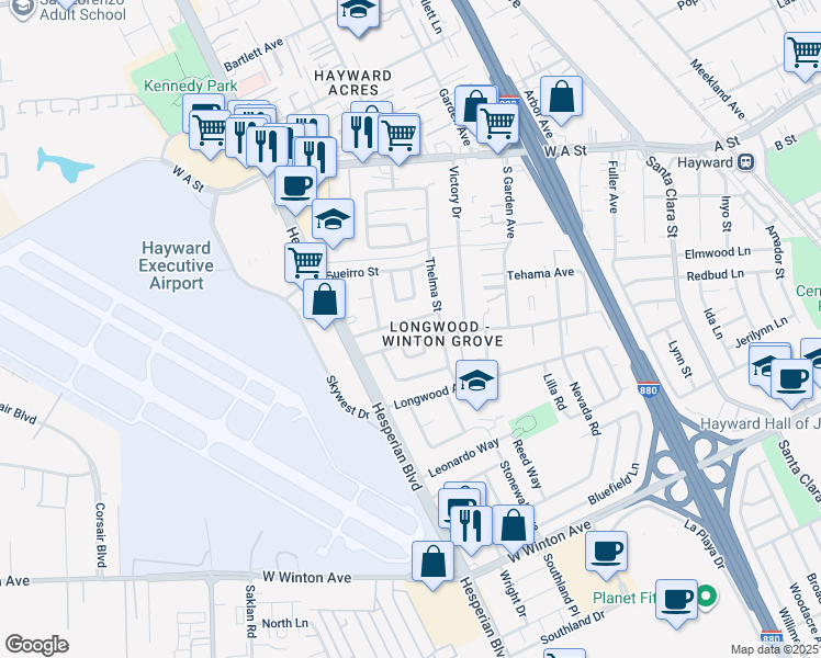 map of restaurants, bars, coffee shops, grocery stores, and more near 845 Marin Avenue in Hayward
