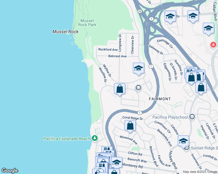map of restaurants, bars, coffee shops, grocery stores, and more near 4955 Palmetto Avenue in Pacifica