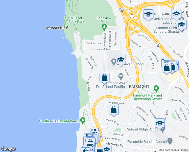 map of restaurants, bars, coffee shops, grocery stores, and more near 4955 Palmetto Avenue in Pacifica