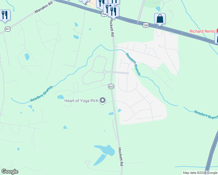 map of restaurants, bars, coffee shops, grocery stores, and more near 1496 Hockett Road in Manakin-Sabot