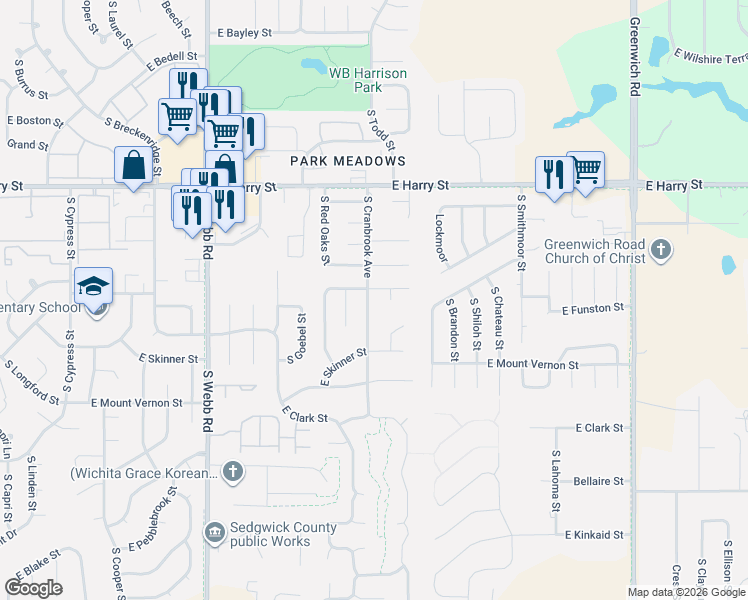 map of restaurants, bars, coffee shops, grocery stores, and more near 1819 South Cranbrook Avenue in Wichita