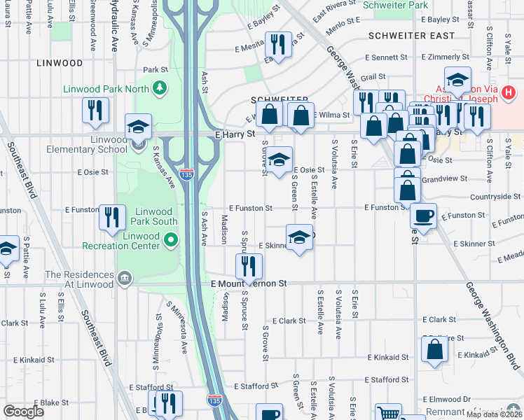 map of restaurants, bars, coffee shops, grocery stores, and more near 1811 South Grove Street in Wichita