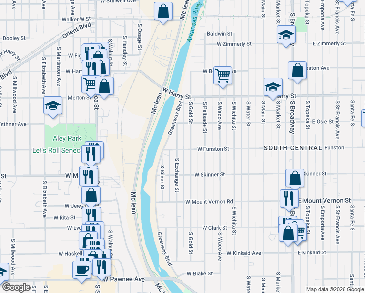 map of restaurants, bars, coffee shops, grocery stores, and more near 1800 South Exchange Street in Wichita