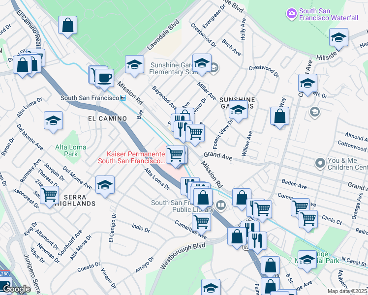 map of restaurants, bars, coffee shops, grocery stores, and more near 1135 Mission Road in South San Francisco