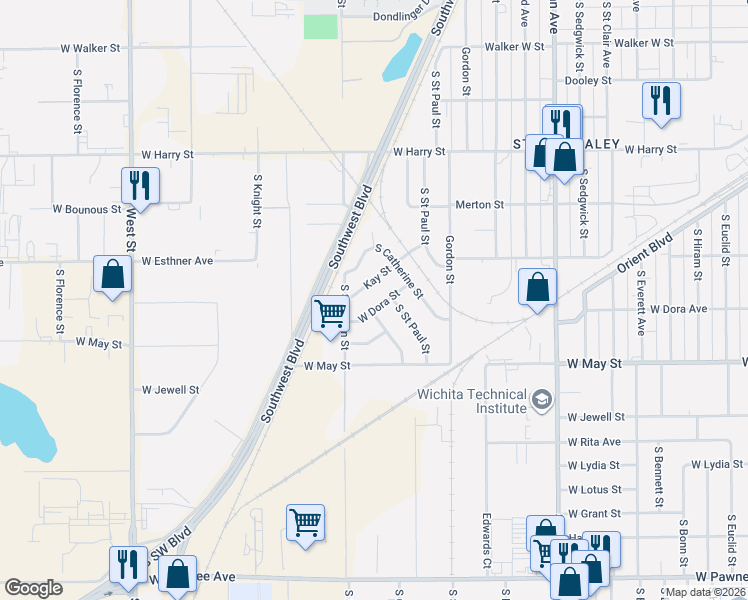 map of restaurants, bars, coffee shops, grocery stores, and more near 3117 Dora Street in Wichita