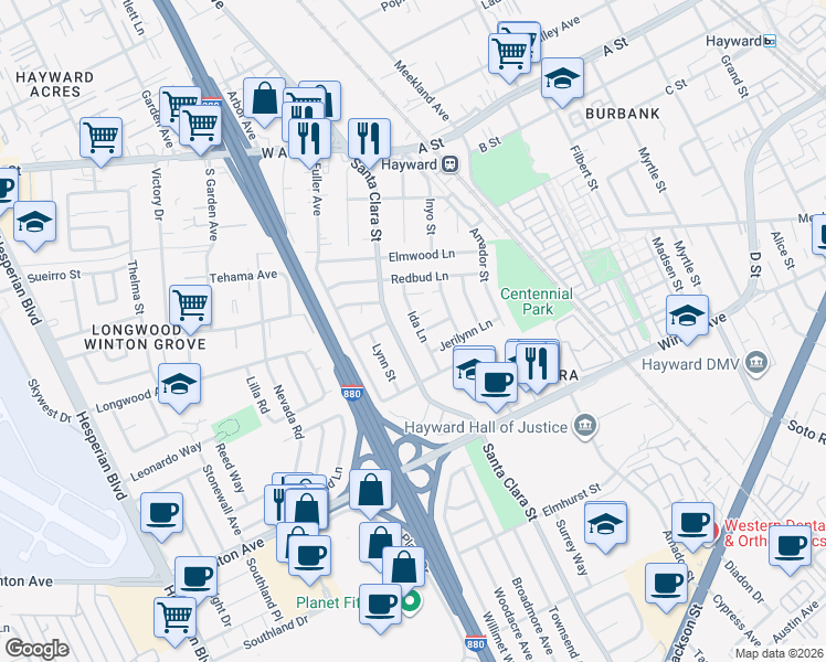 map of restaurants, bars, coffee shops, grocery stores, and more near 23427 Santa Clara Street in Hayward
