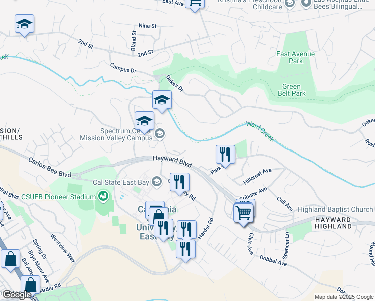 map of restaurants, bars, coffee shops, grocery stores, and more near 2179 Brandywine Place in Hayward