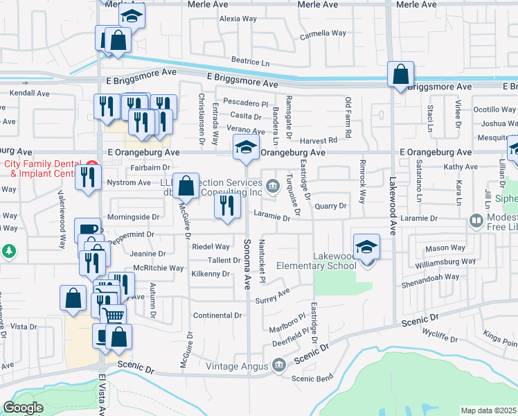 map of restaurants, bars, coffee shops, grocery stores, and more near 1213 Govannina Drive in Modesto