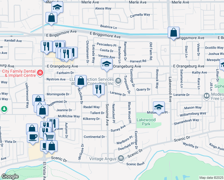 map of restaurants, bars, coffee shops, grocery stores, and more near 1213 Govannina Drive in Modesto