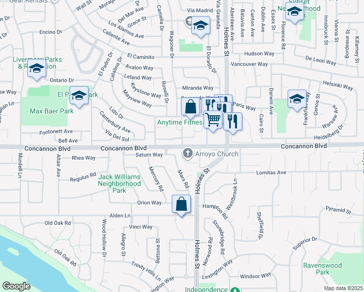 map of restaurants, bars, coffee shops, grocery stores, and more near 1001 Concannon Boulevard in Livermore