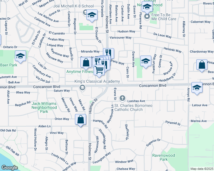 map of restaurants, bars, coffee shops, grocery stores, and more near 1855 Holmes Street in Livermore