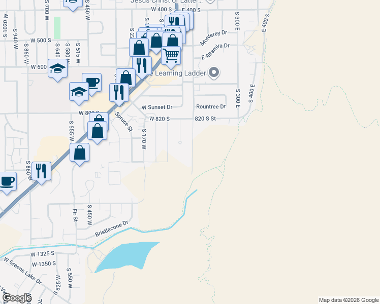 map of restaurants, bars, coffee shops, grocery stores, and more near South 75 East in Cedar City