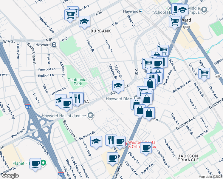 map of restaurants, bars, coffee shops, grocery stores, and more near 1221 George Circle in Hayward