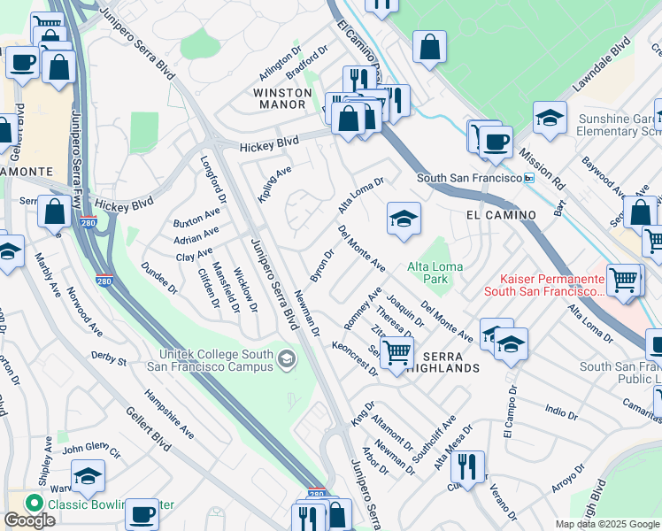 map of restaurants, bars, coffee shops, grocery stores, and more near 831 Byron Drive in South San Francisco